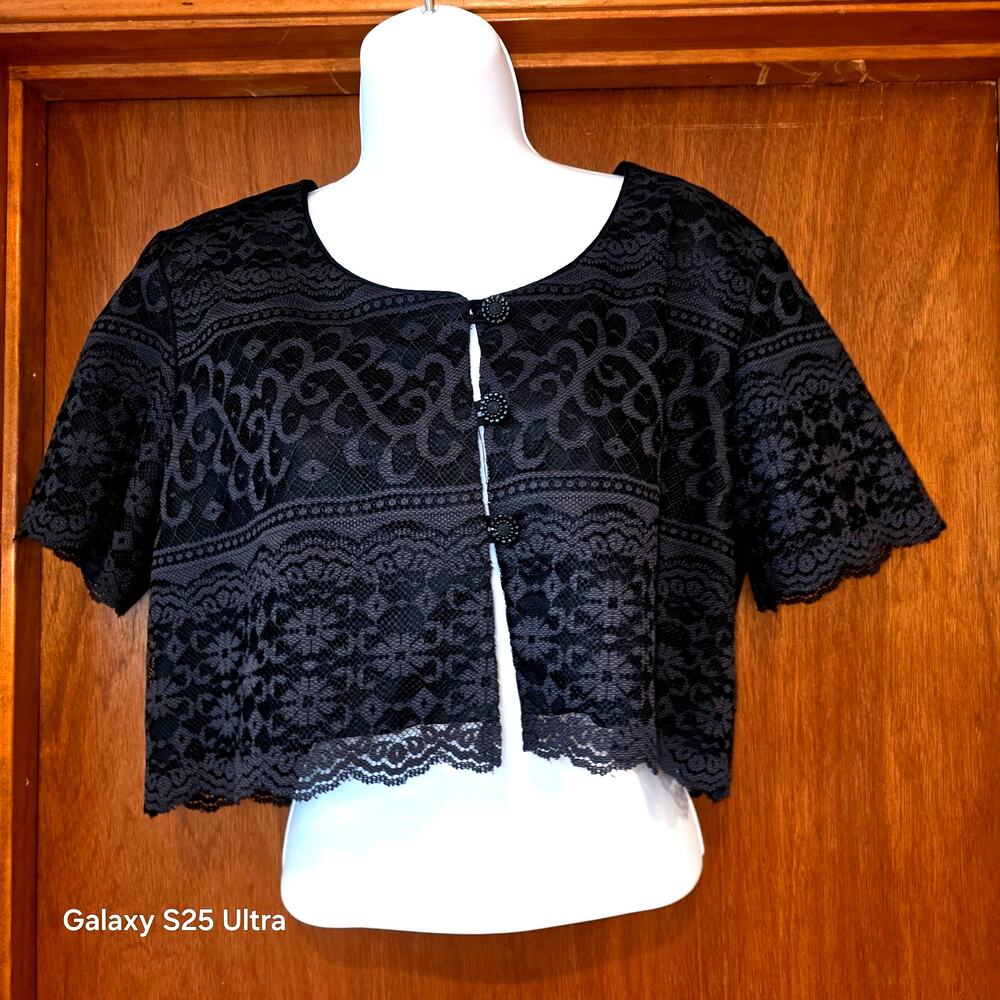 vintage Sheri Martin New York black‎ lace, cropped, 3 button bolero sz 14
